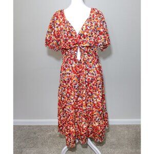 Women's Hapsho Midi Cut Out Dress Watercolor Floral Colors Red Orange Size 12